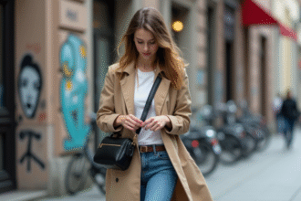 Jeune femme en trench organise ses accessoires en ville