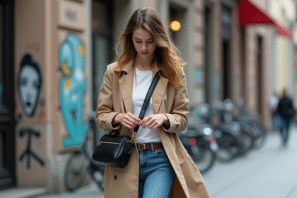 Jeune femme en trench organise ses accessoires en ville