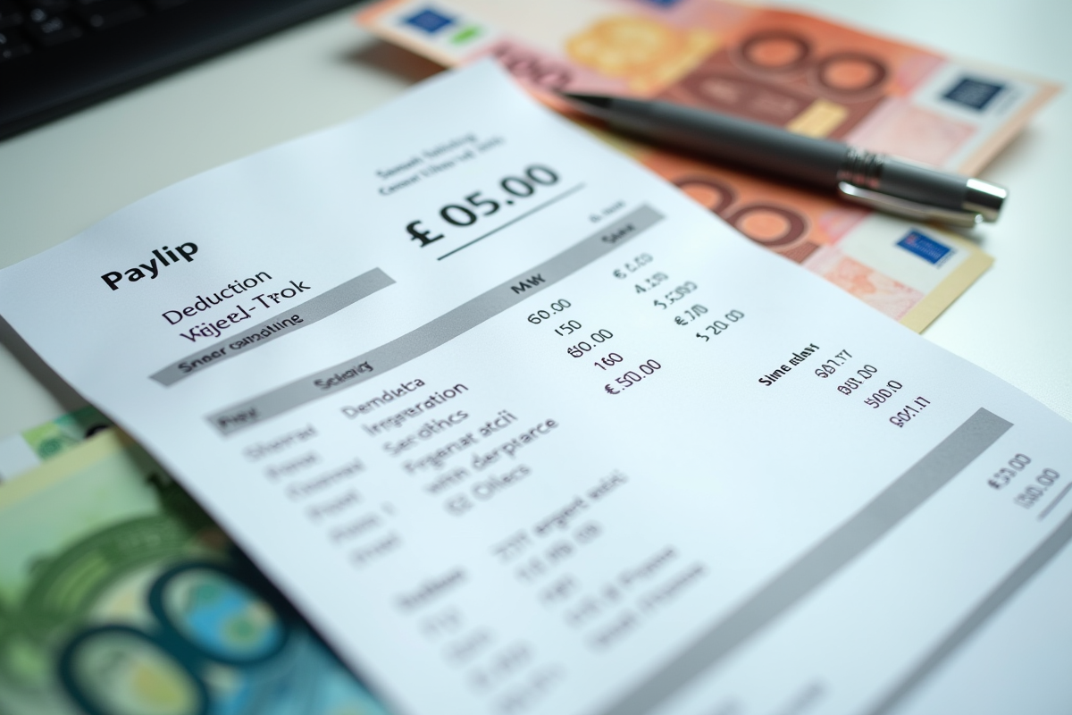 Détail d une fiche de paie avec déductions et billets d euro