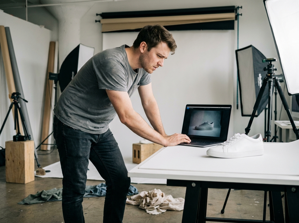 Photographe examinant une fiche produit avec une photo floue et peu détaillée d'une chaussure blanche sur un écran d'ordinateur