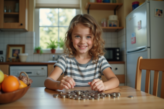 Jeune fille de 12 ans comptant des pièces dans la cuisine