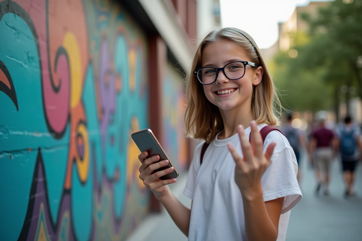 Fille souriante montrant son smartphone devant un mur coloré