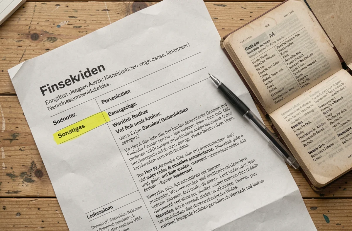 Vue de dessus d'une page imprimée en allemand avec le mot Sonstiges surligné et un dictionnaire bilingue ouvert, illustrant l'ambiguïté des catégories e-commerce