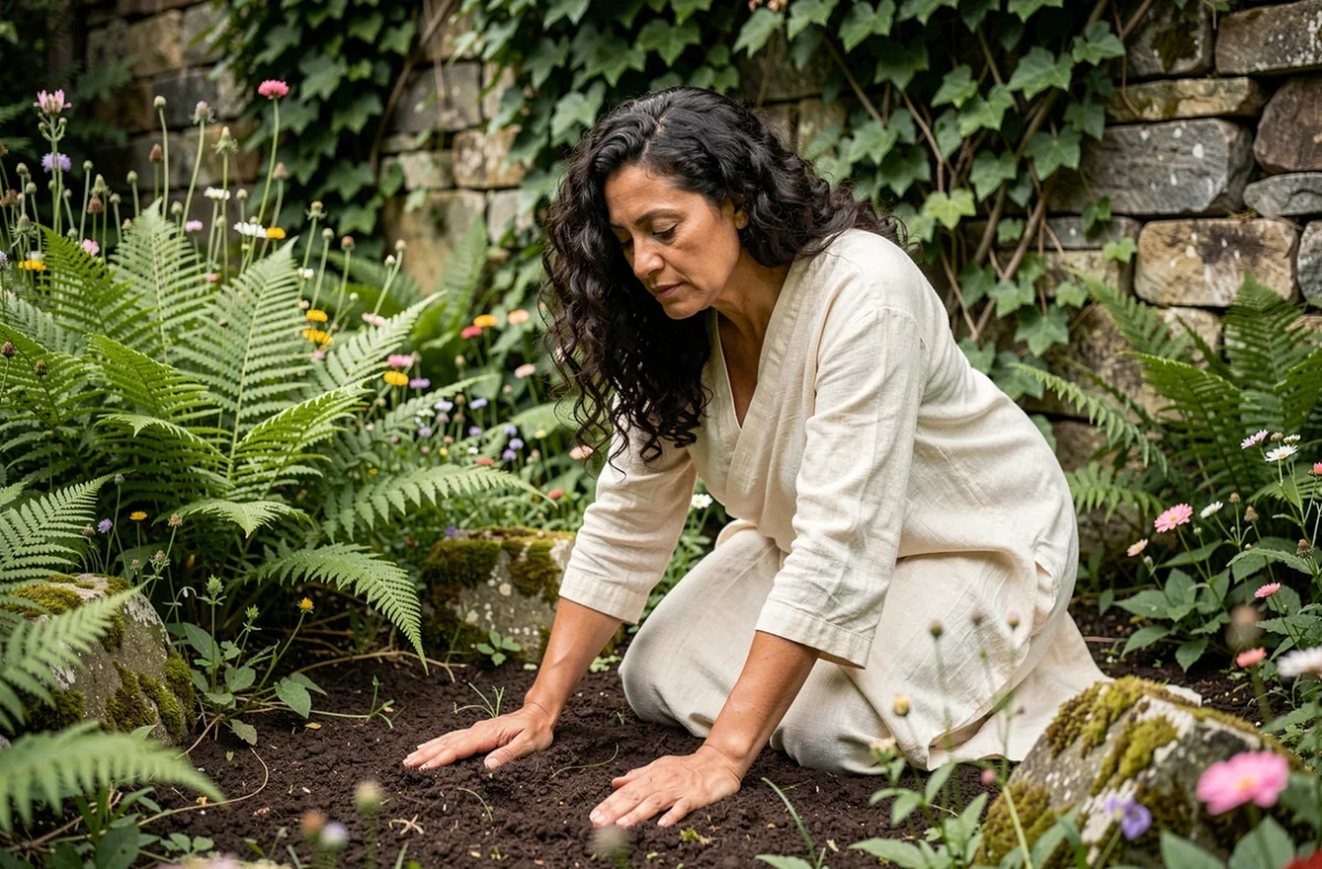 Femme en tenue drapée symbolisant la déesse Gaïa agenouillée dans un jardin naturel verdoyant en contact avec la terre