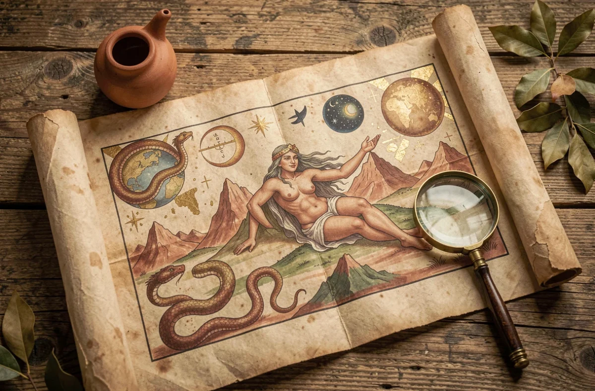 Manuscrit ancien illustré représentant la cosmogonie grecque et la déesse Gaïa avec symboles mythologiques sur parchemin