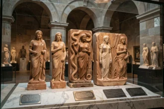 Figurines en terre cuite et reliefs en pierre de la déesse Gaïa exposés dans un musée d'archéologie grecque antique