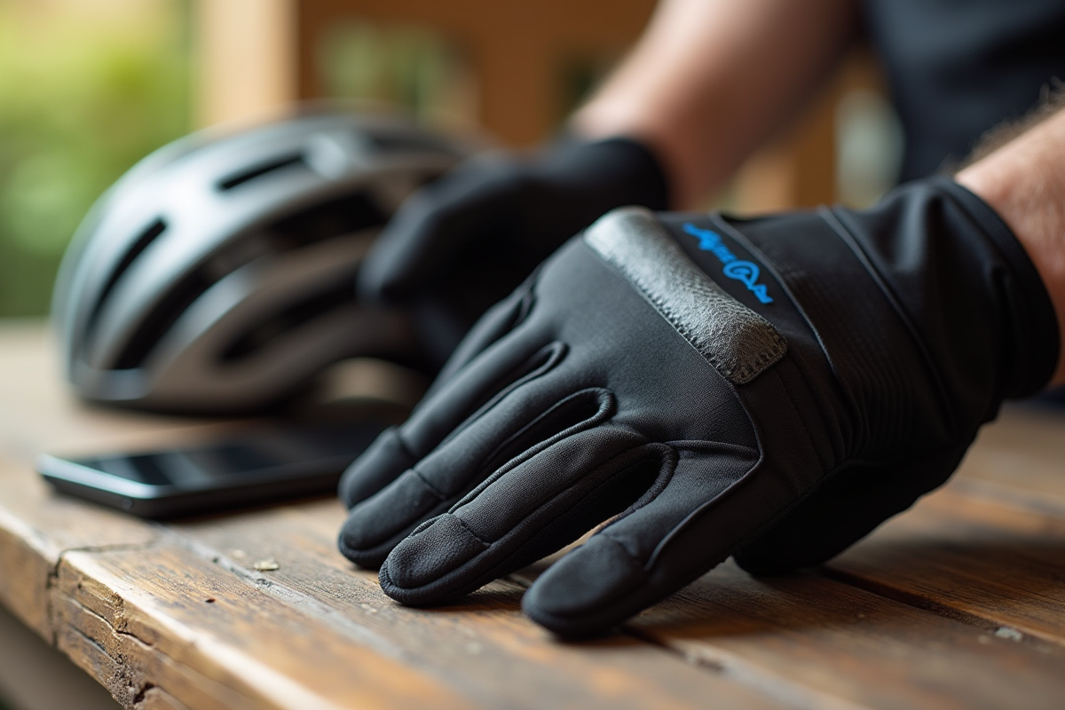 Gants de cyclisme haute technologie sur table en bois avec casque et smartphone