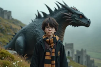 Garçon en uniforme devant un dragon majestueux en extérieur