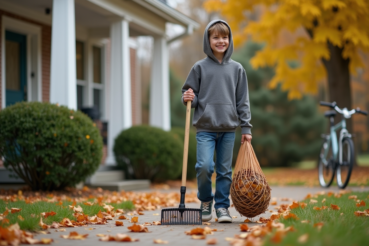 Garçon de 12 ans ramassant des feuilles dans le jardin