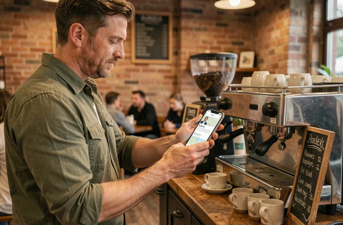 Gérant de café indépendant utilisant une application de développement d'activité locale sur smartphone derrière son comptoir