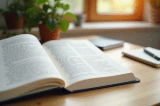 Livre de grammaire française ouvert sur un bureau lumineux