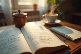 Livre de grammaire française ouvert sur un bureau avec café et cahier