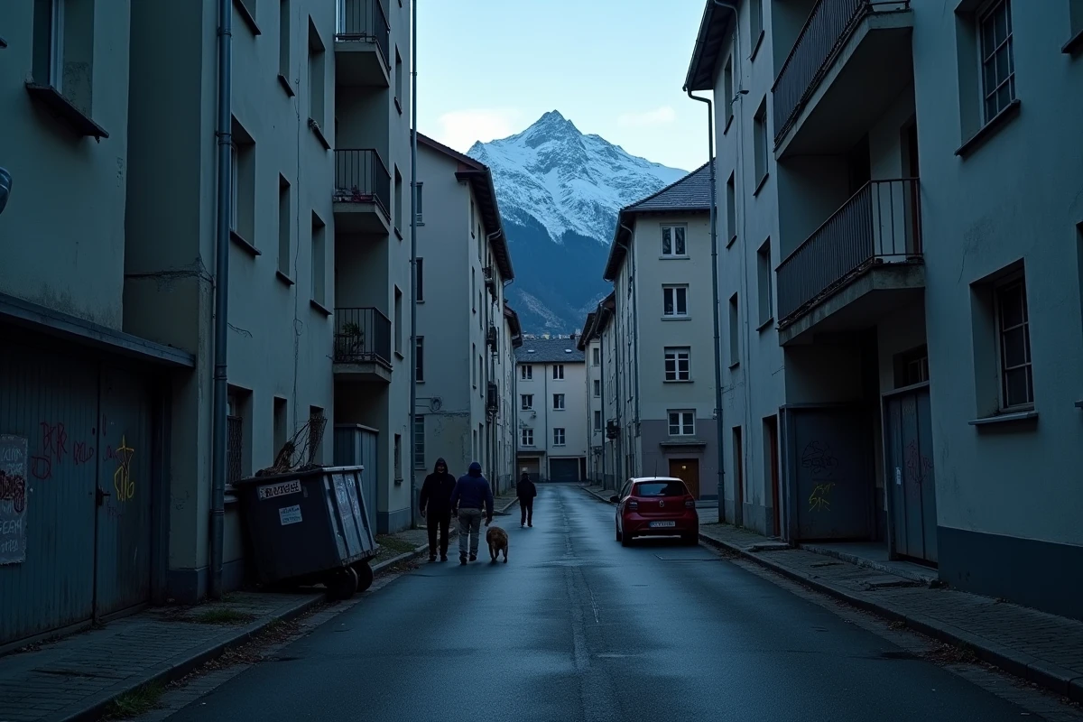 Cité grenobloise au crépuscule avec voiture brûlée, tours de béton et silhouette des Alpes, illustrant les trafics et règlements de comptes