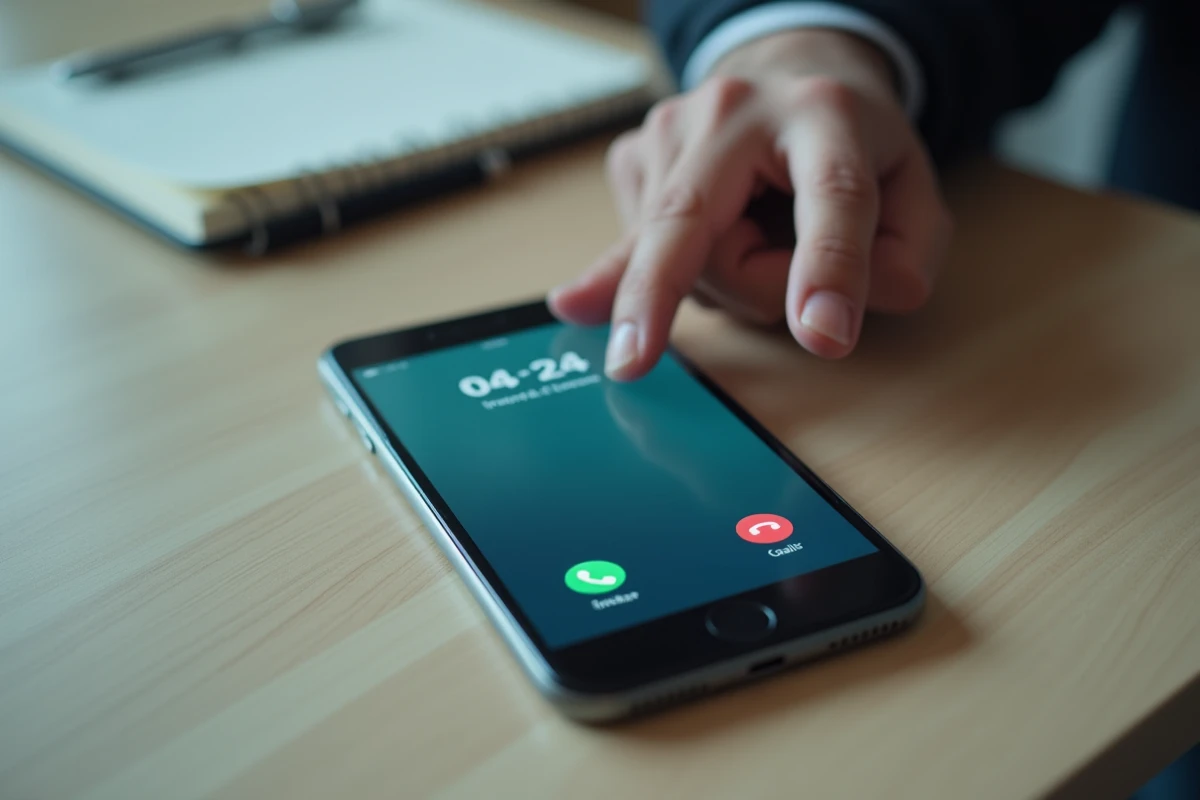 Gros plan d'un smartphone affichant un appel entrant d'un numéro 0424 inconnu sur un bureau en bois, illustrant le spam téléphonique