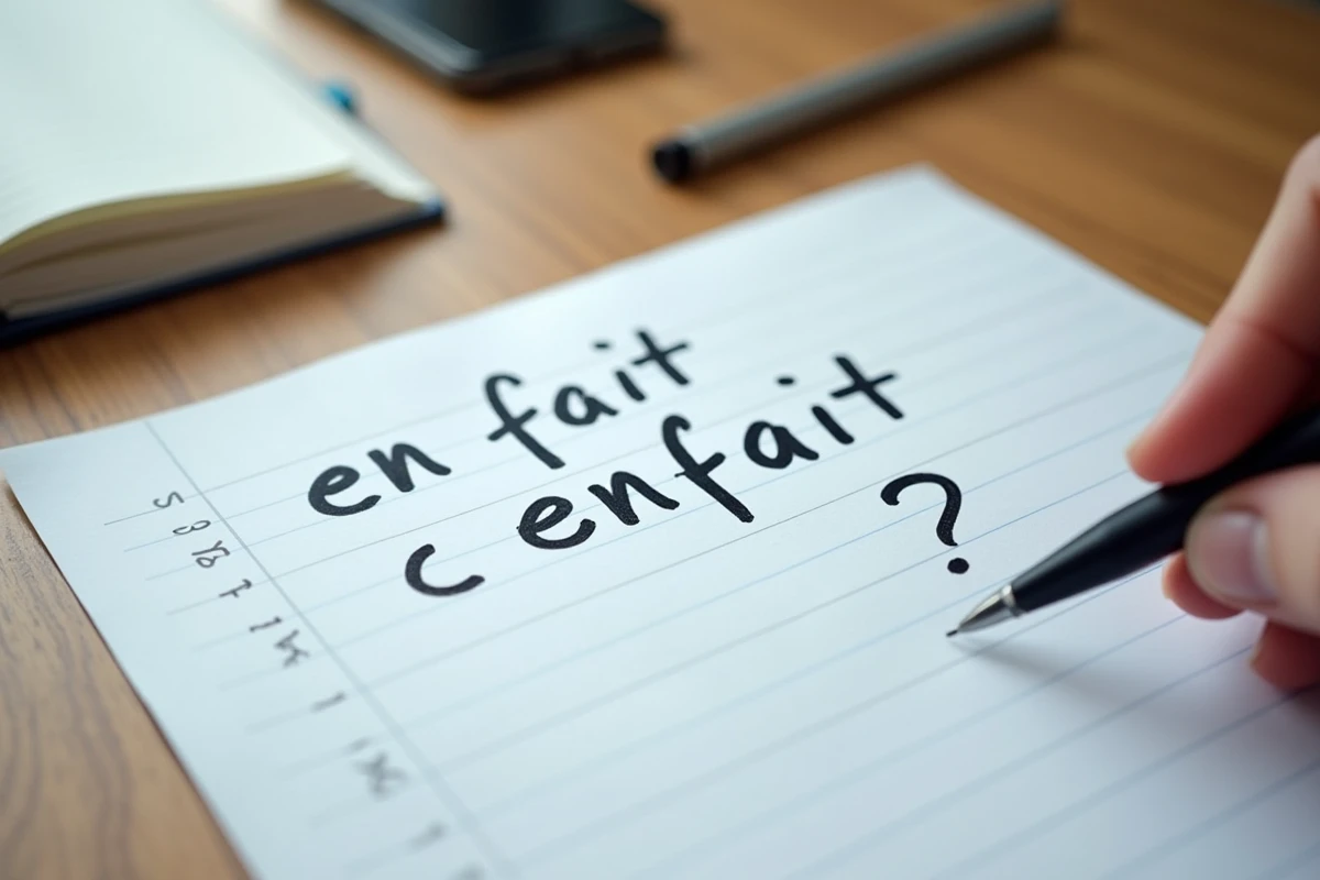 Gros plan d'une main écrivant les mots en fait et enfait sur une feuille lignée avec un point d'interrogation, illustrant le piège orthographique courant