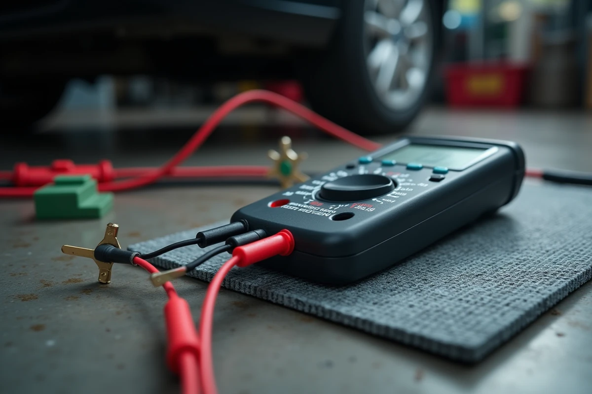 Gros plan d'un multimètre numérique testant un fusible automobile en mode continuité dans un garage