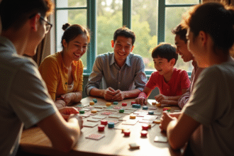 Groupe d'amis jouant à des jeux de société en plein air