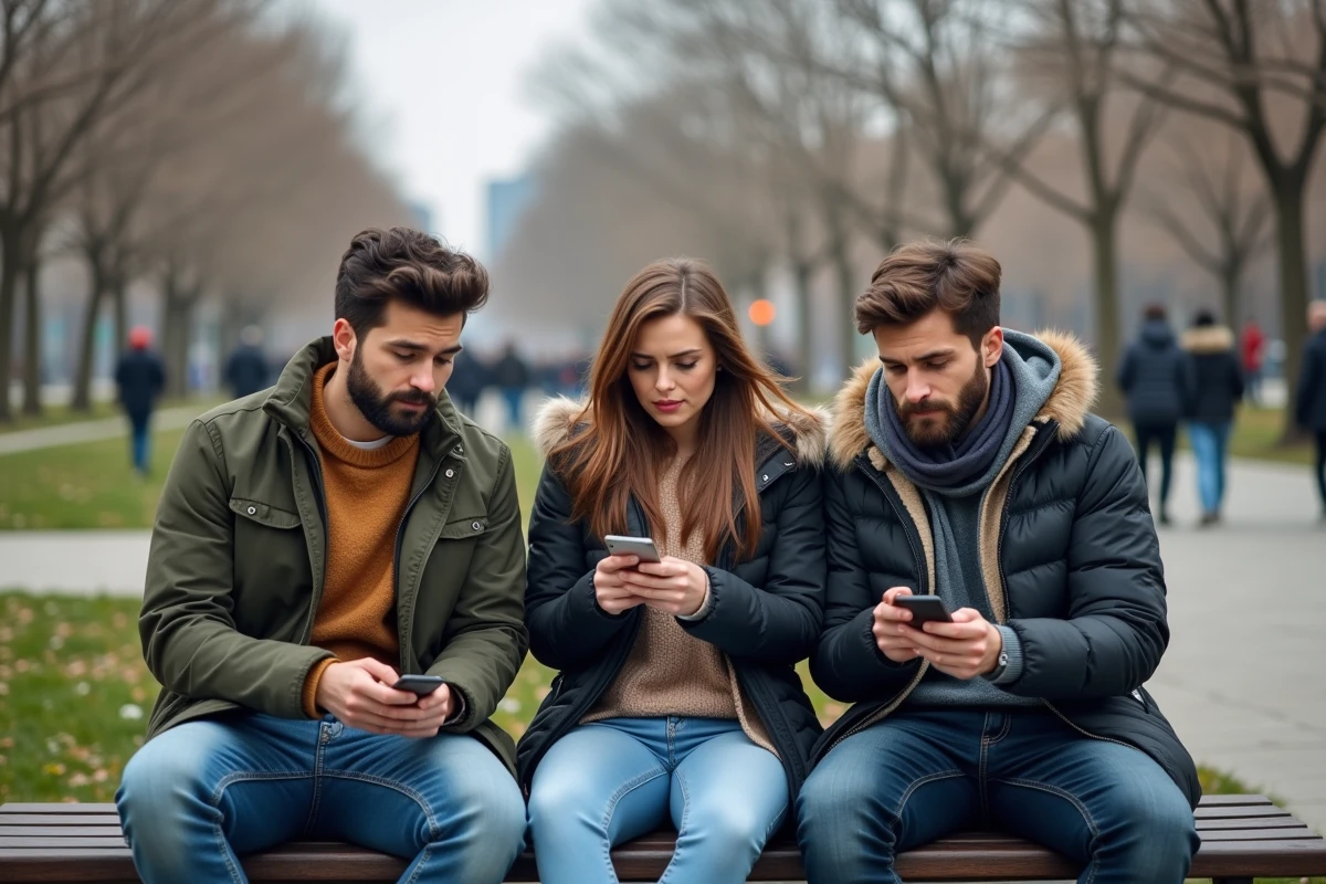 Groupe d amis discutant sur un banc en ville avec smartphones