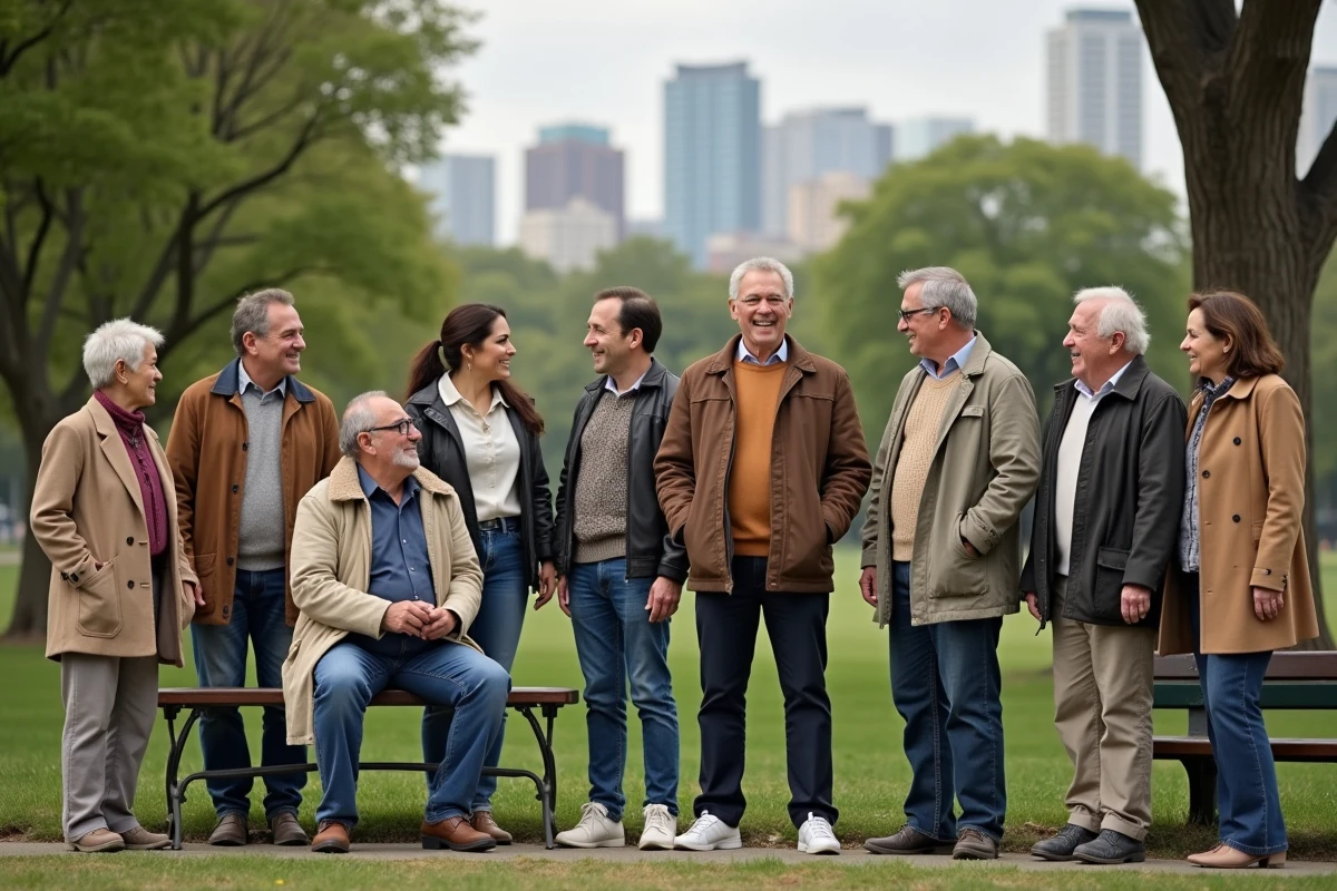 Groupe divers d'amis dans un parc urbain ensoleille