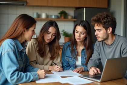 Groupe de jeunes adultes dans une cuisine urbaine lisant une note