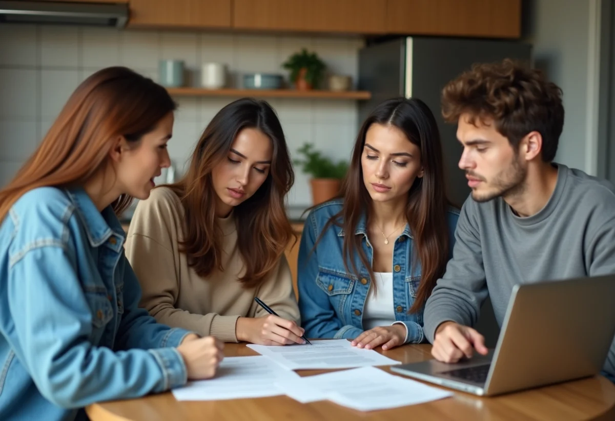 Groupe de jeunes adultes dans une cuisine urbaine lisant une note