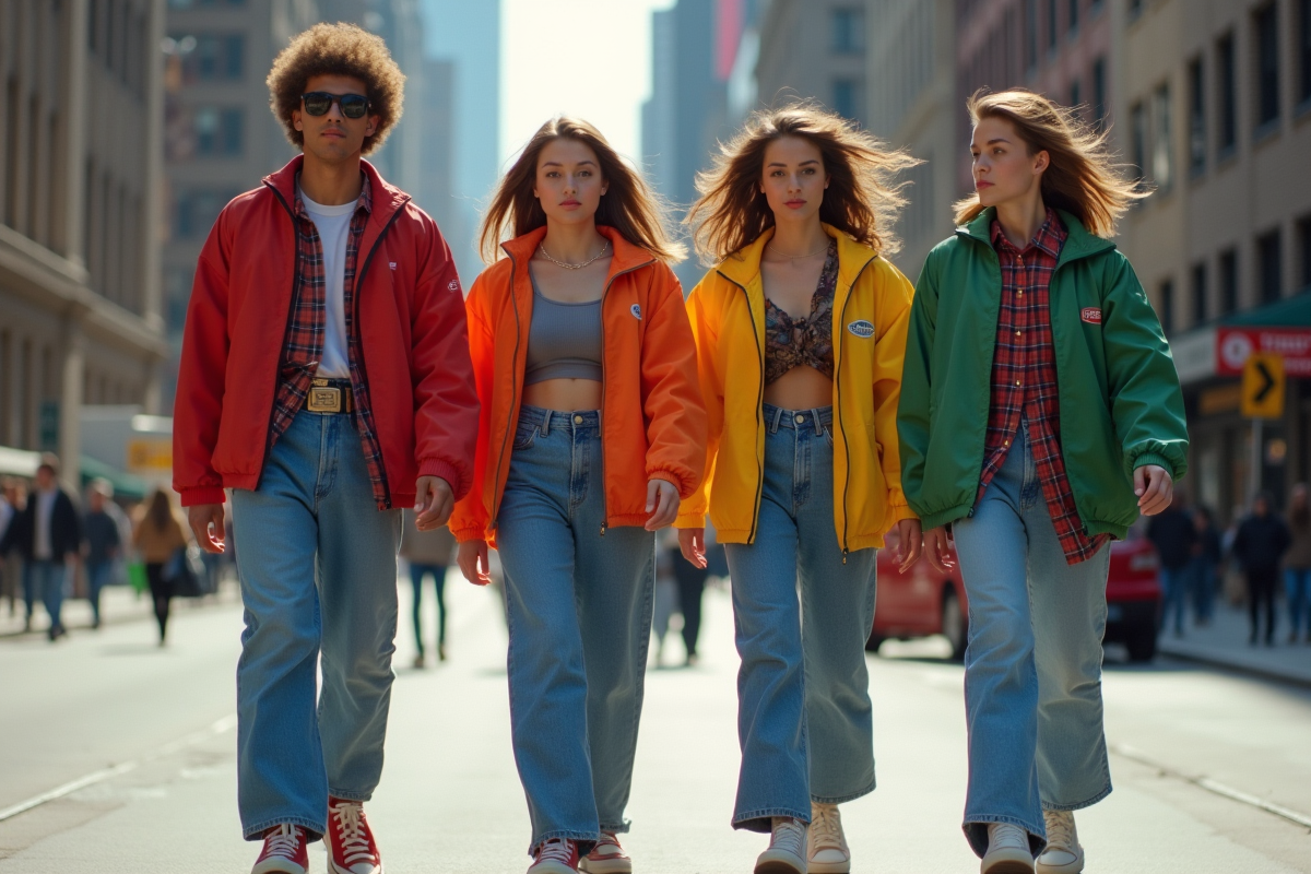 Groupe de jeunes en mode 90s dans la rue en 1995