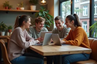 Groupe de jeunes adultes jouant à un jeu de mots en café