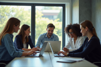 Groupe de professionnels collaborant dans un bureau lumineux