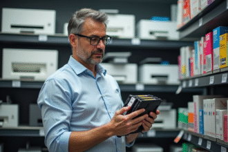 Homme d affaires examinant des cartouches d imprimante dans un magasin