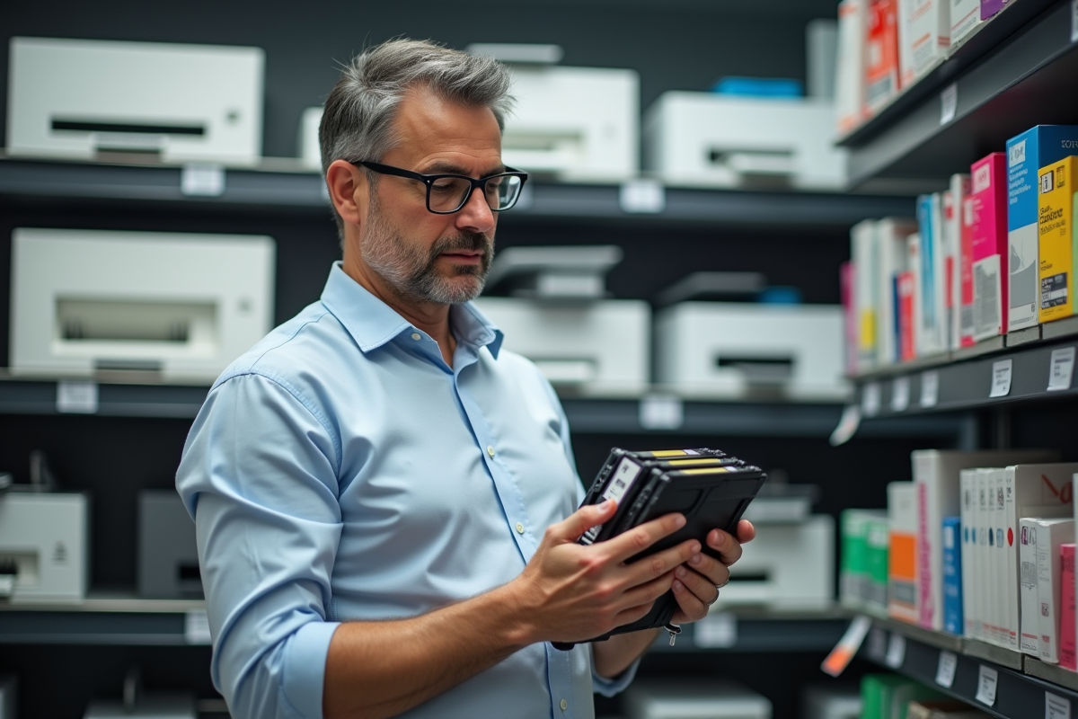 Homme d affaires examinant des cartouches d imprimante dans un magasin