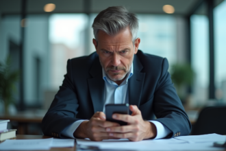 Homme d'affaires anxieux sur son smartphone dans un bureau moderne