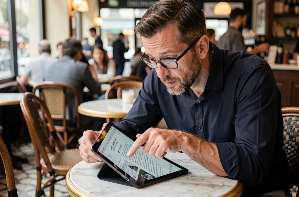 Homme d'âge moyen analysant un article Wikipedia en français sur une tablette dans un café parisien pour trouver la solution du jour