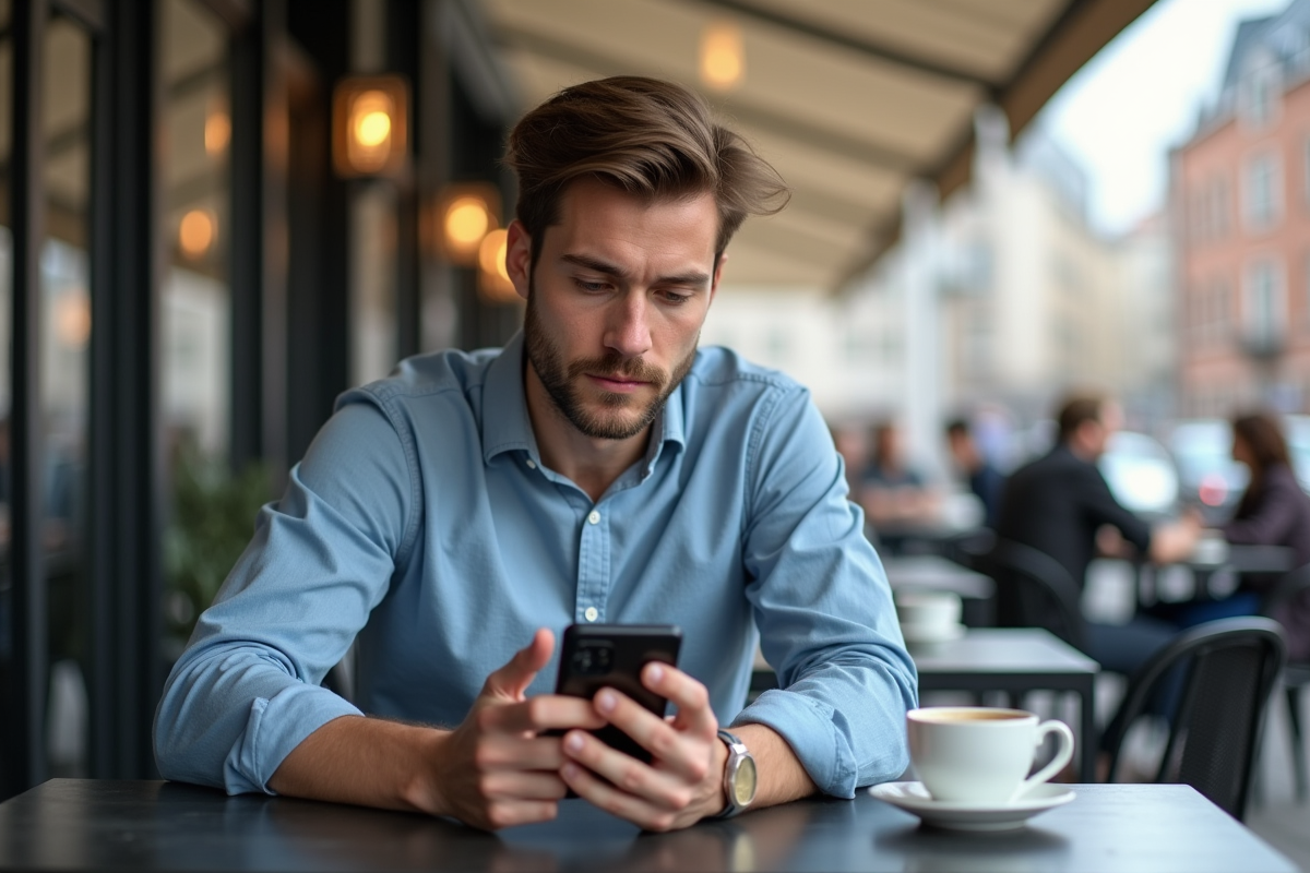 Homme au café comparant VPN avec son smartphone