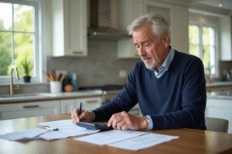 Homme d'âge moyen travaillant à la maison avec papiers et calculatrice
