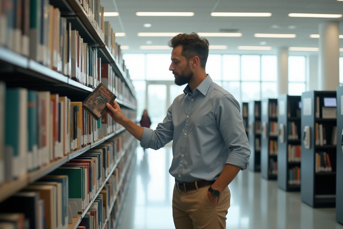 Homme choisissant un livre dans une bibliothèque lumineuse