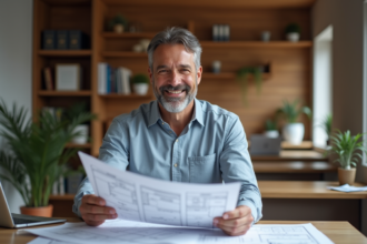 Homme confiant en business casual examine des plans immobiliers