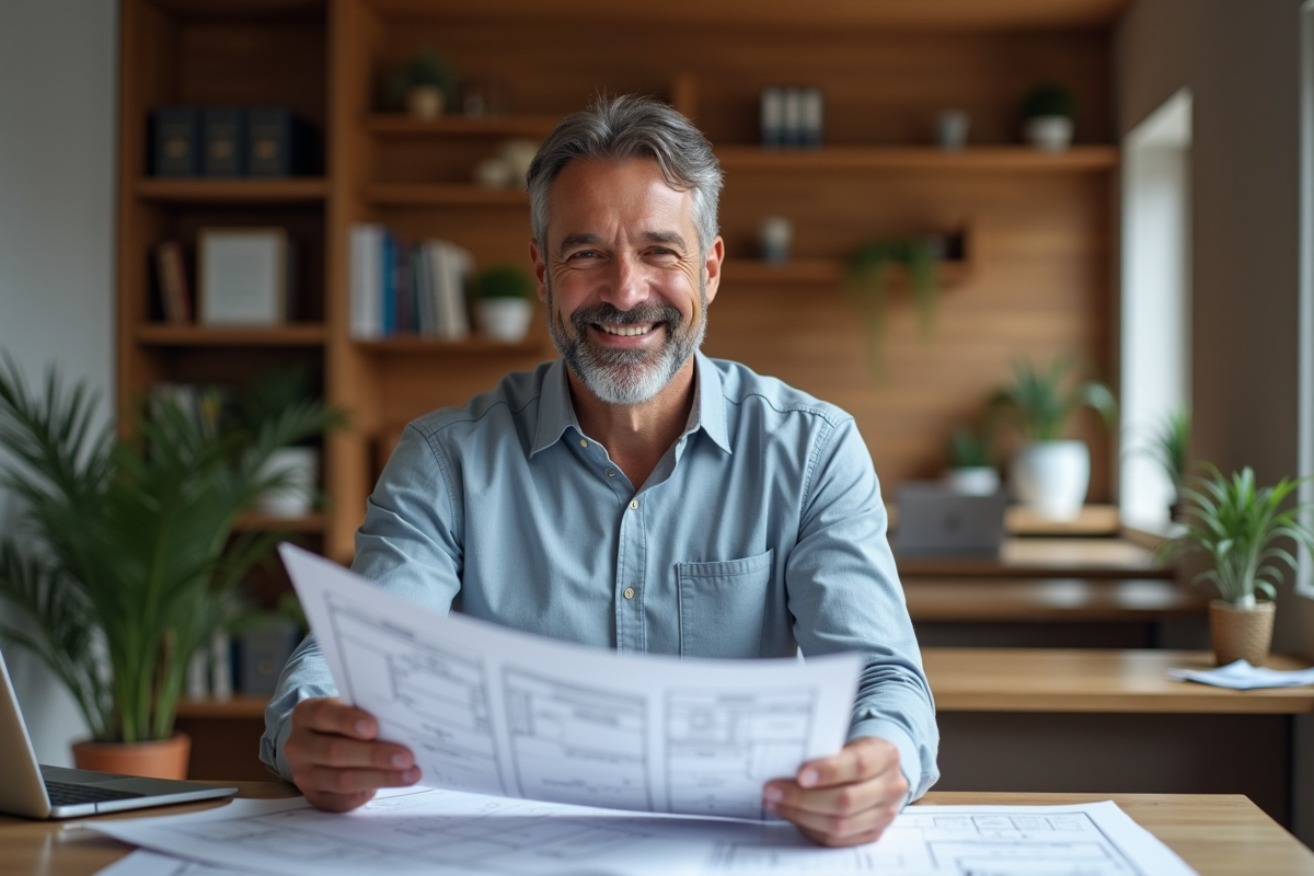 Homme confiant en business casual examine des plans immobiliers