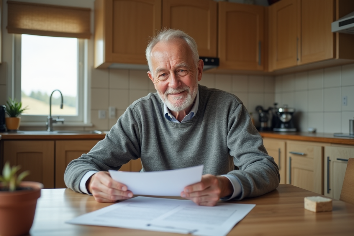 Homme âgé examinant un contrat de location dans la cuisine