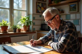Homme d'âge moyen remplissant une grille de mots croisés dans une cuisine belge