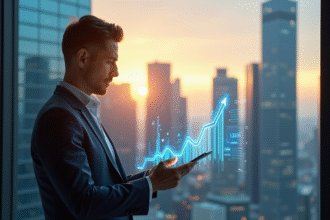 Homme d'affaires analysant un graphique digital en croissance