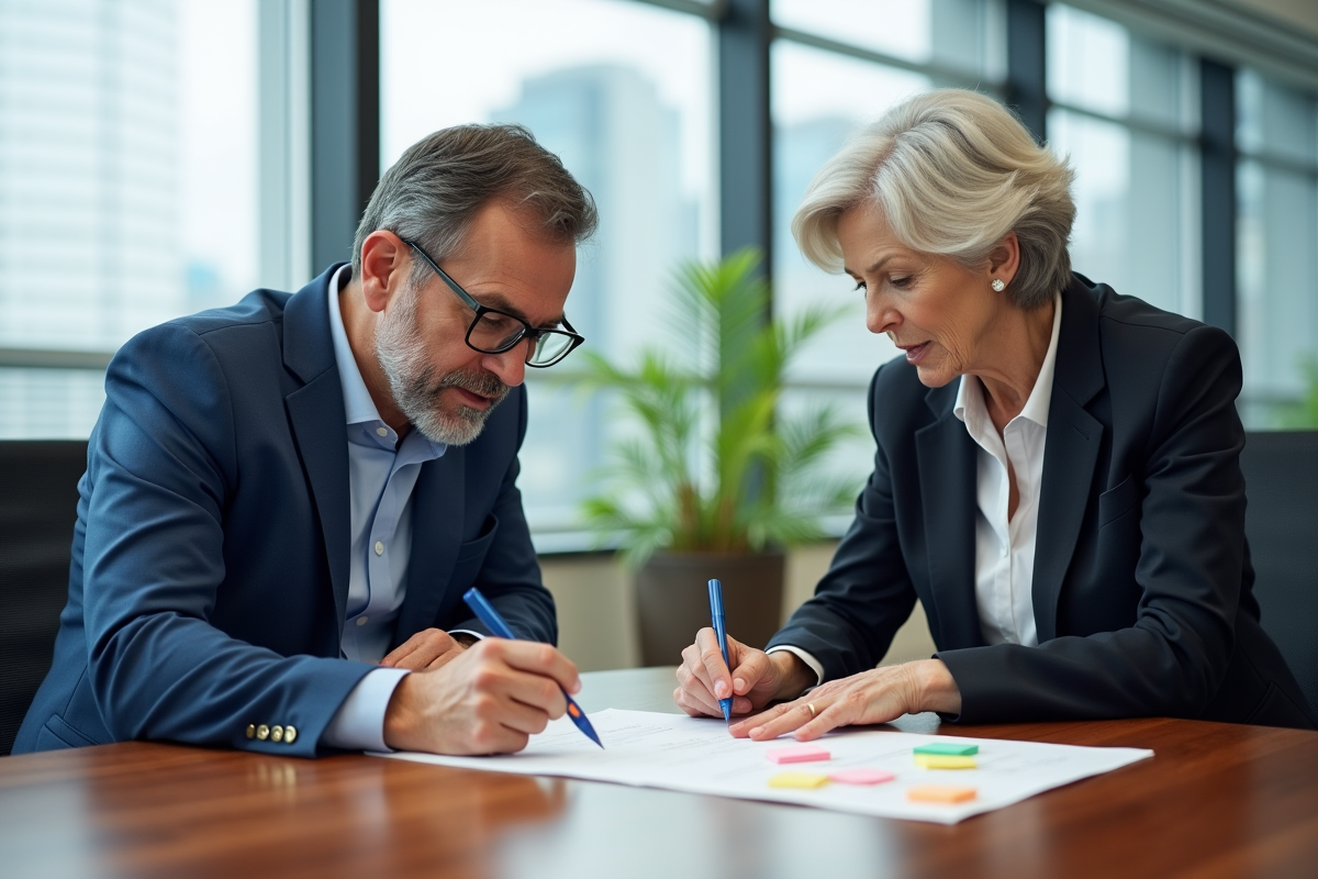 Homme en costume discute avec une femme âgée à une table de réunion