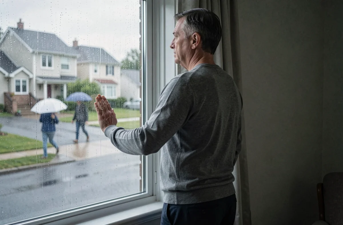 Homme adulte regardant par une fenêtre sous la pluie dans un appartement, symbole de mélancolie et de nostalgie pour l'innocence de l'enfance