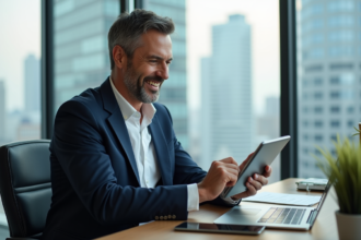 Homme d affaires examine des graphiques financiers sur une tablette