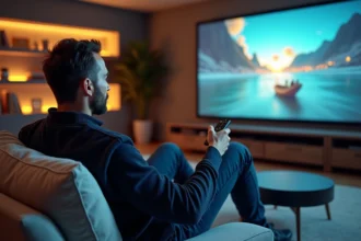 Homme utilisant un projecteur 4K dans un salon moderne