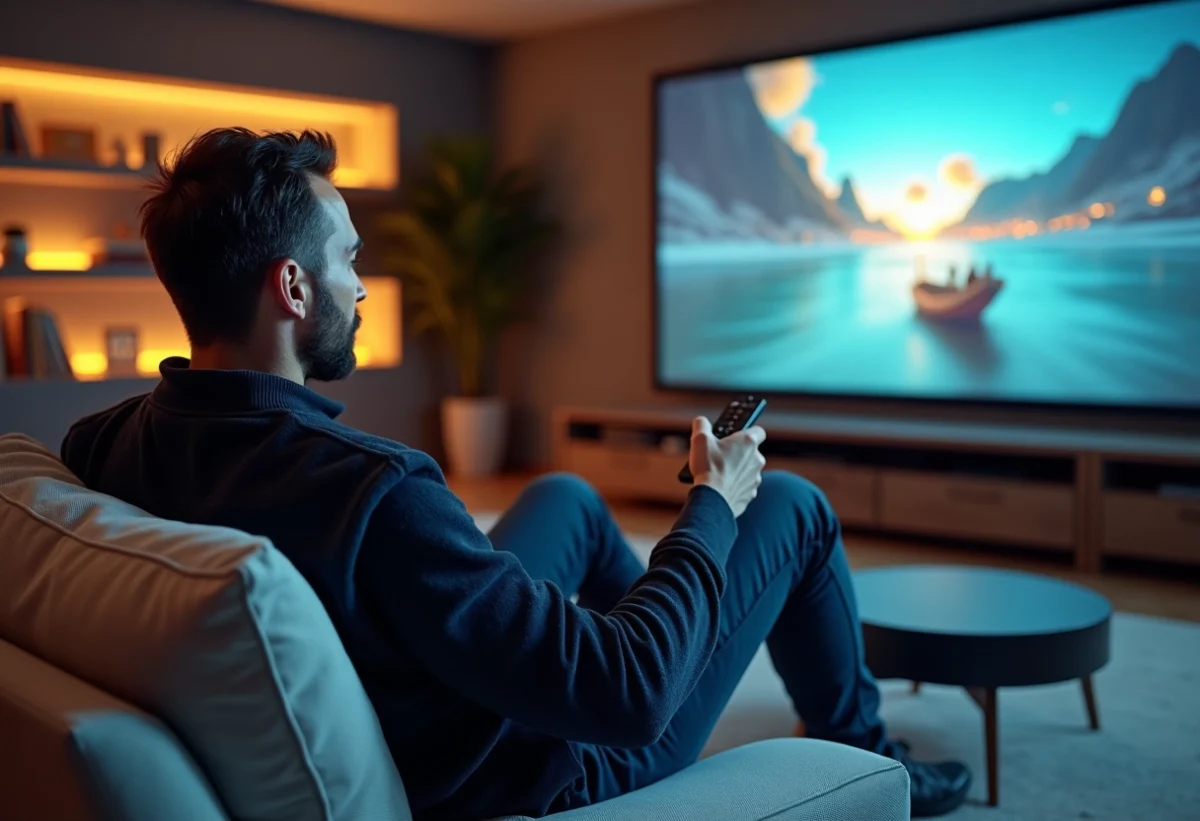 Homme utilisant un projecteur 4K dans un salon moderne