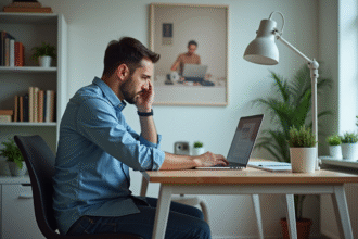 Homme inquiet au bureau avec message d'erreur sur son ordinateur