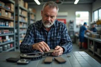 Homme d'âge moyen inspectant des plaquettes de frein neuves