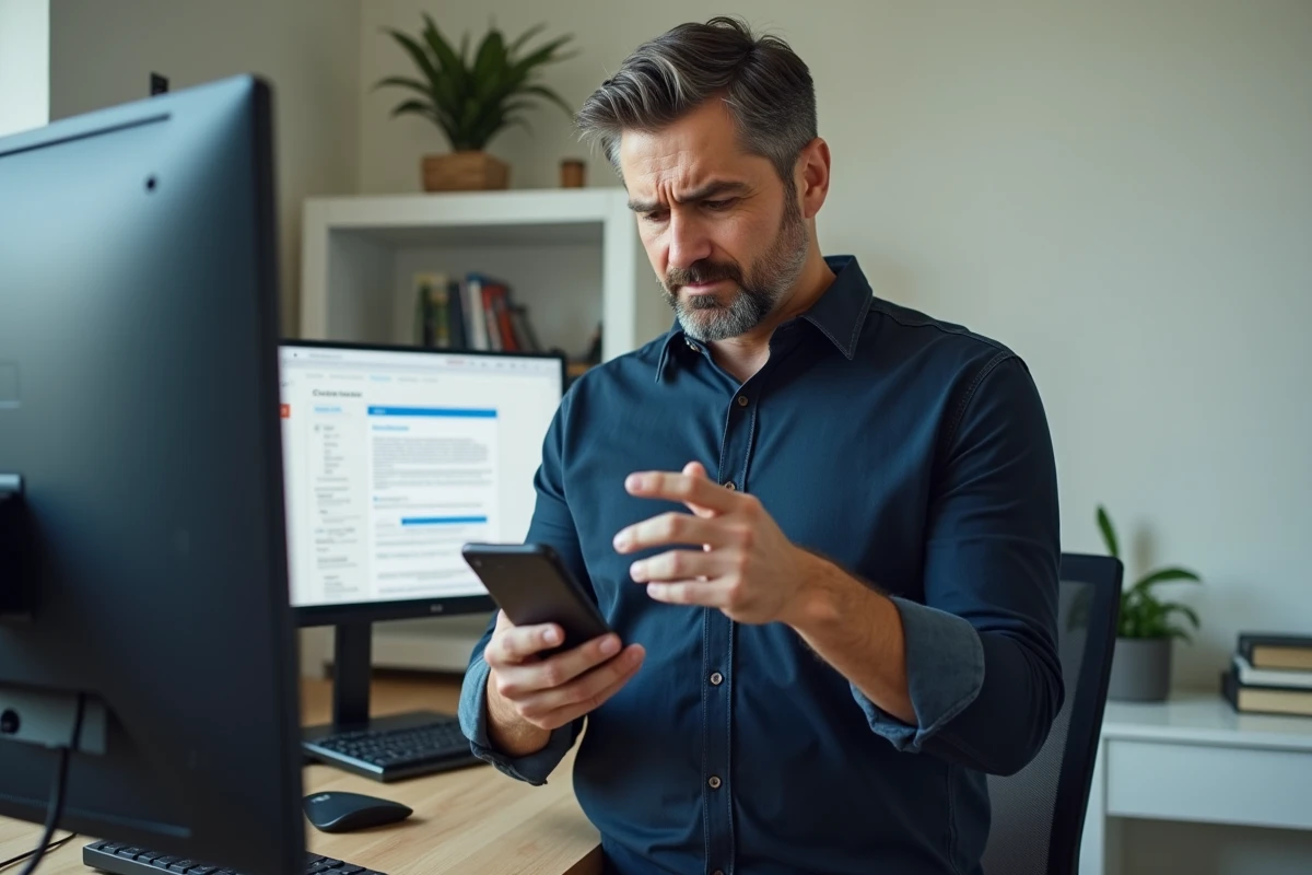 Homme consultant une notification de litige de transaction sur smartphone dans un bureau à domicile moderne