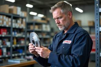 Homme en combinaison de mécanicien examine un disque de frein