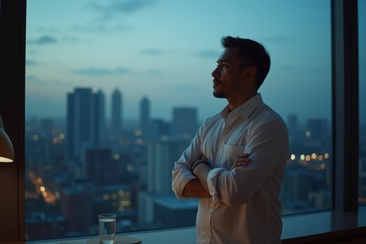 Homme mélancolique debout devant une fenêtre d'appartement urbain au crépuscule, bras croisés, regard perdu sur la ville, évoquant doute et introspection dans une relation